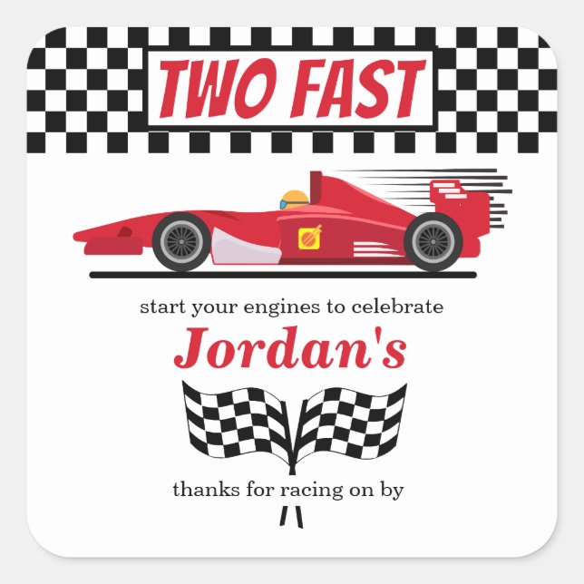 Second Birthday Red Race Car Two Fast Square Sticker (Front)