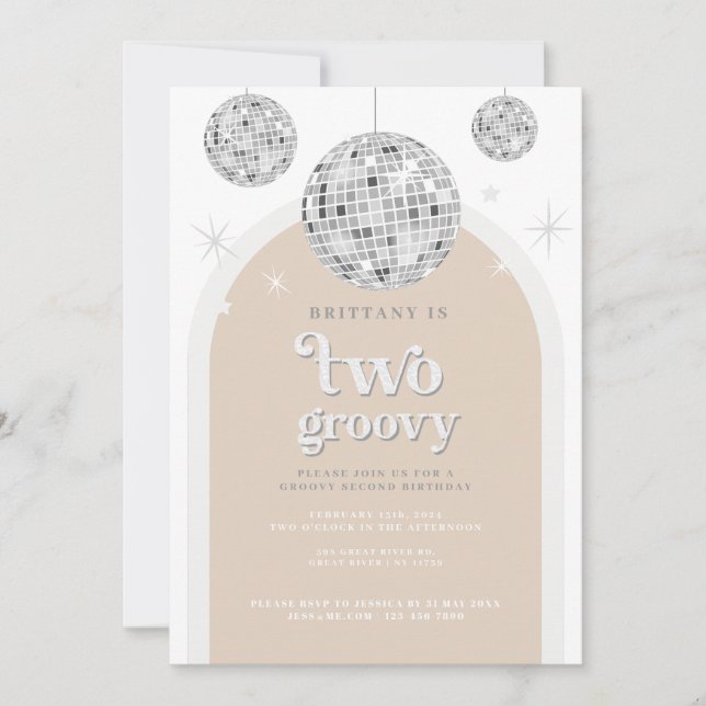 Second Birthday Silver Retro Disco Glitter arch  Invitation (Front)