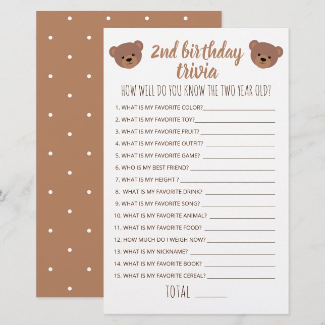 Second Birthday Trivia How Well Do You Know Game (Front/Back)