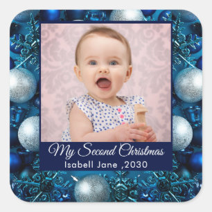 Second Christmas Custom Family Photo Text blue Square Sticker