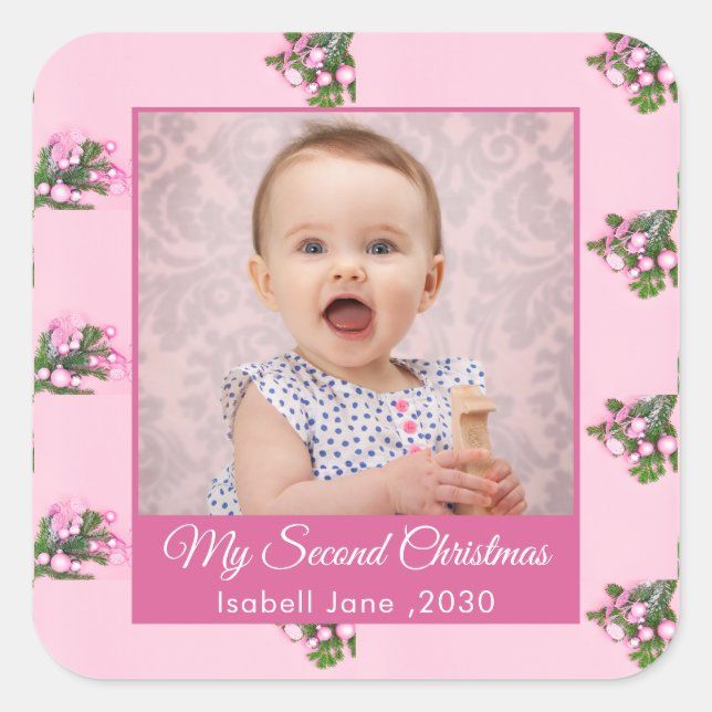 Second Christmas Custom Family Photo Text Pink Square Sticker (Front)