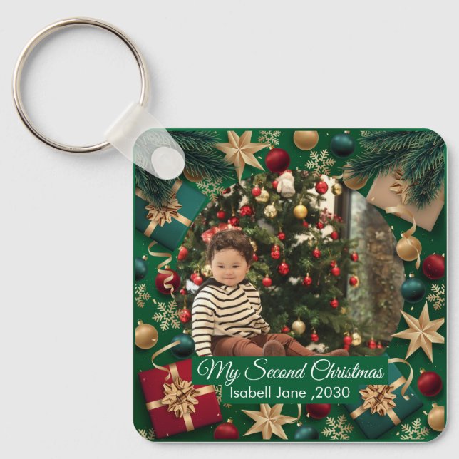 Second Christmas Custom Family Photo Text Template Key Ring (Front)