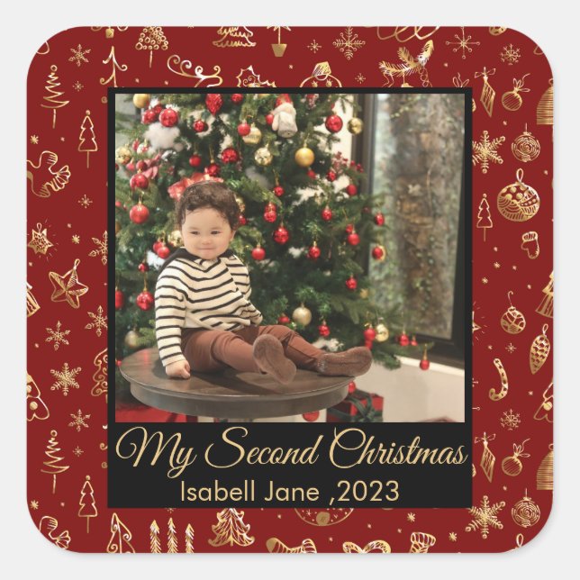 Second Christmas Custom Family Photo Text Template Square Sticker (Front)