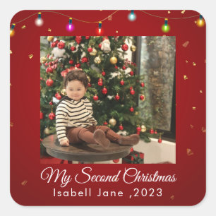 Second Christmas Custom Family Photo Text Template Square Sticker
