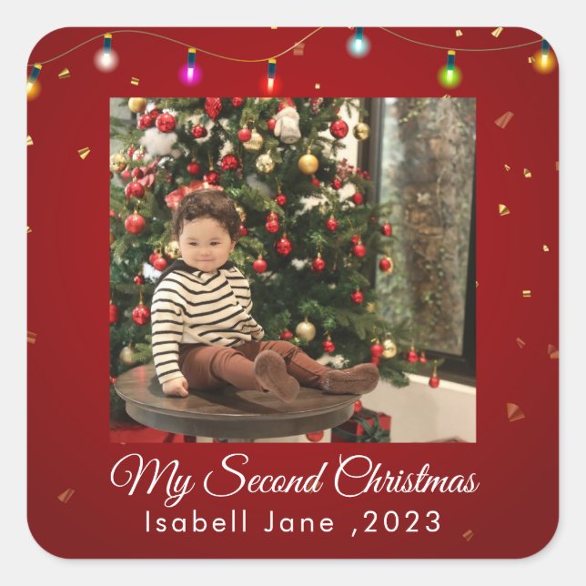 Second Christmas Custom Family Photo Text Template Square Sticker (Front)
