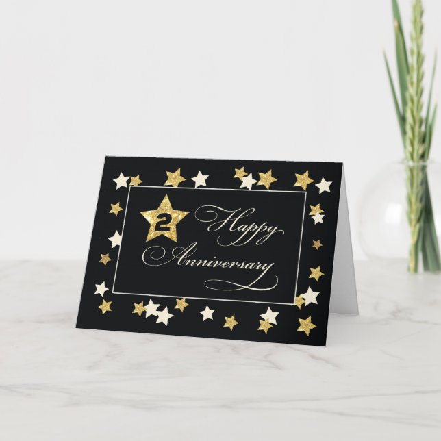 Second Employee Anniversary Black Gold Effect Star Card (Front)