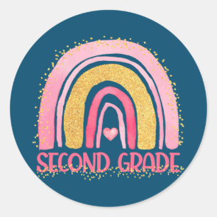 Second Grade Rainbow Watercolor Teacher Kids Back Classic Round Sticker