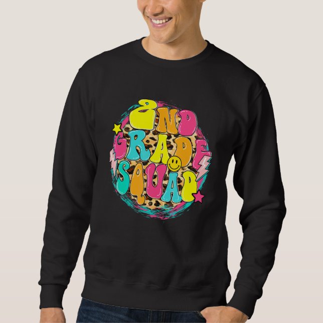 Second Grade Squad Retro Leopard 2nd Grade Teacher Sweatshirt (Front)