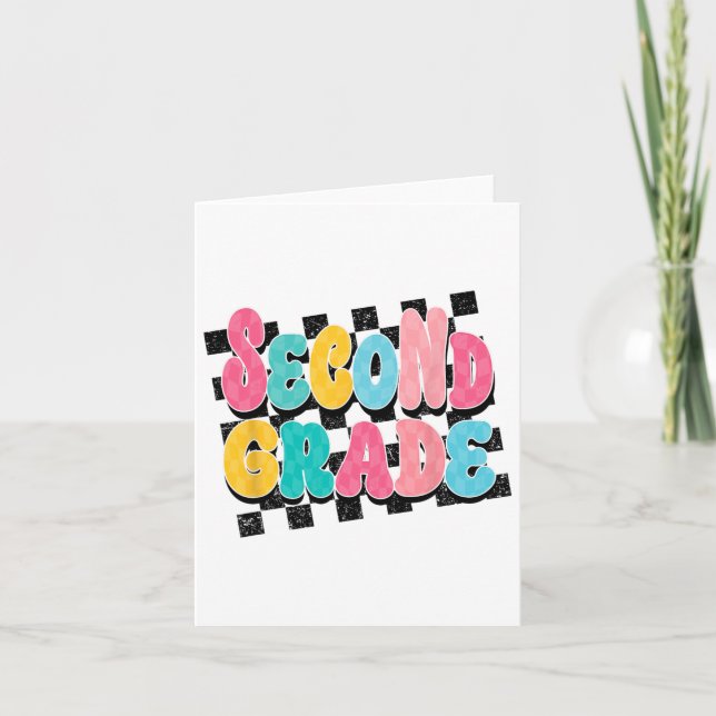 Second Grade Teacher Back To School Chequered Prin Card (Front)