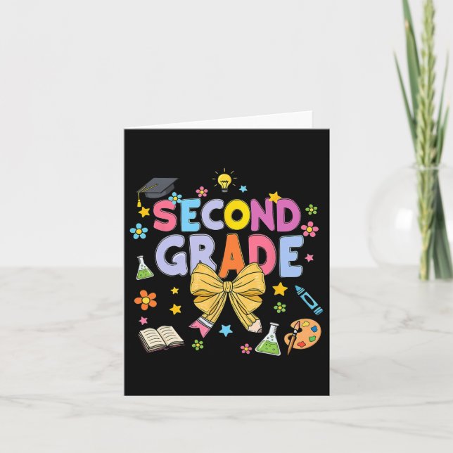 Second Grade Teacher Kids Coquette Bow Pencil Back Card (Front)