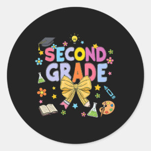 Second Grade Teacher Kids Coquette Bow Pencil Back Classic Round Sticker
