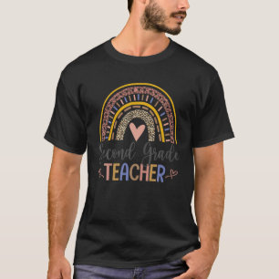 Second Grade Teacher Leopard Boho Rainbow Back To T-Shirt