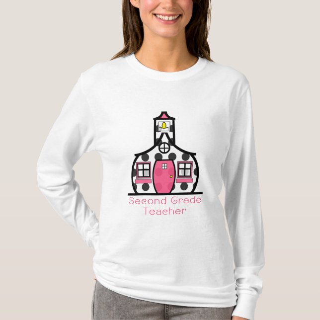 Second Grade Teacher Polka Dot Schoolhouse T-Shirt (Front)