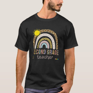 Second Grade Teacher Rainbow Heart Leopard Back To T-Shirt