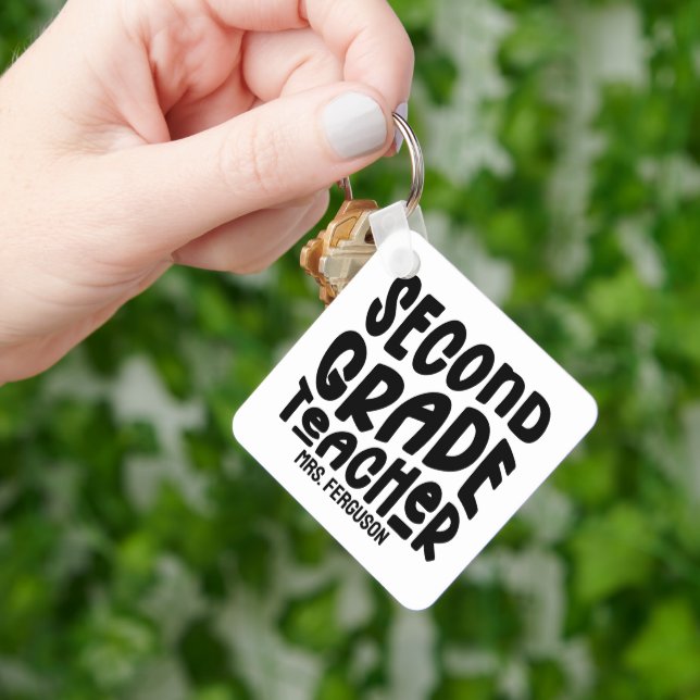 Second Grade Teacher Retro Text Custom Key Ring (Hand)