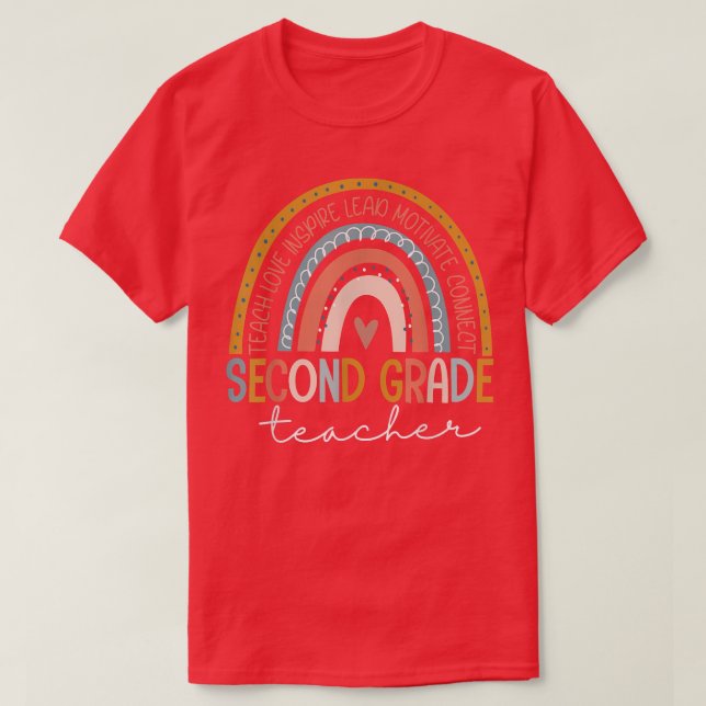 Second Grade Teacher Teach Love Inspire Boho Rainb T-Shirt (Design Front)
