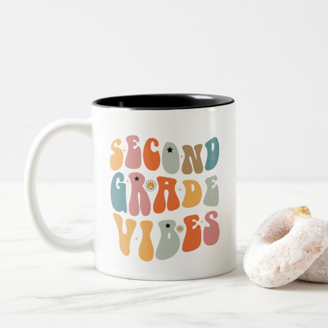 Second Grade Vibes Back To School Groovy School  Two-Tone Coffee Mug (With Donut)