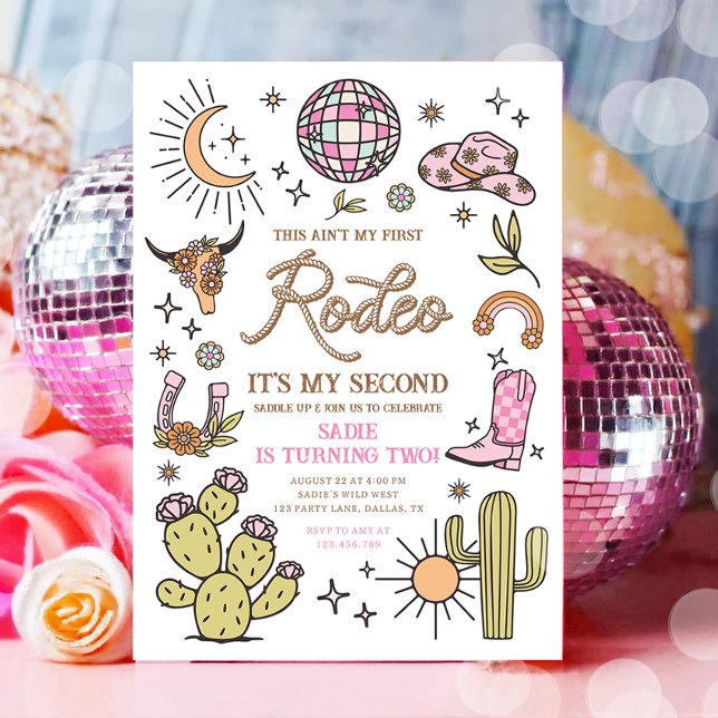 Second Rodeo Disco Cowgirl Retro 2nd Birthday Invitation (Creator Uploaded)