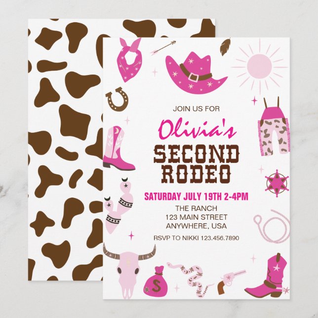 Second Rodeo Hot Pink Western 2nd Birthday Invitation (Front/Back)