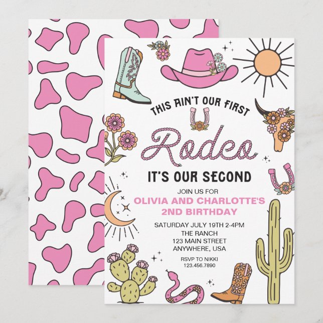 Second Rodeo Pink Western 2nd Birthday Twins Invitation (Front/Back)