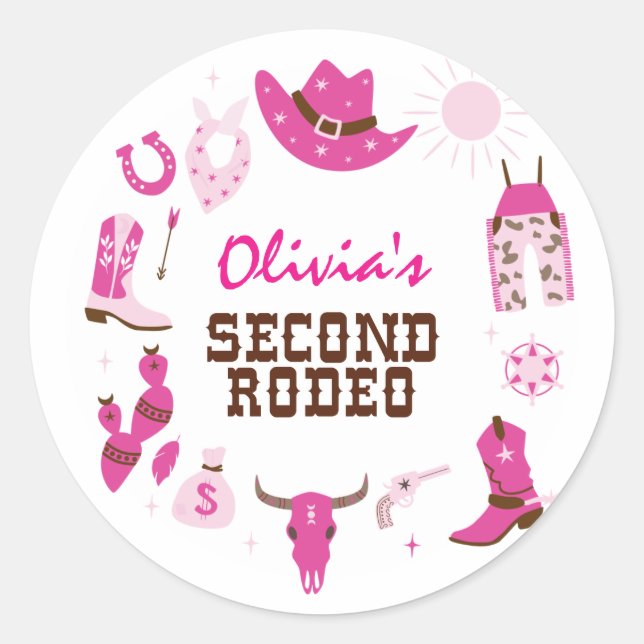 Second Rodeo Pink Western Cowboy 2nd Birthday Classic Round Sticker (Front)