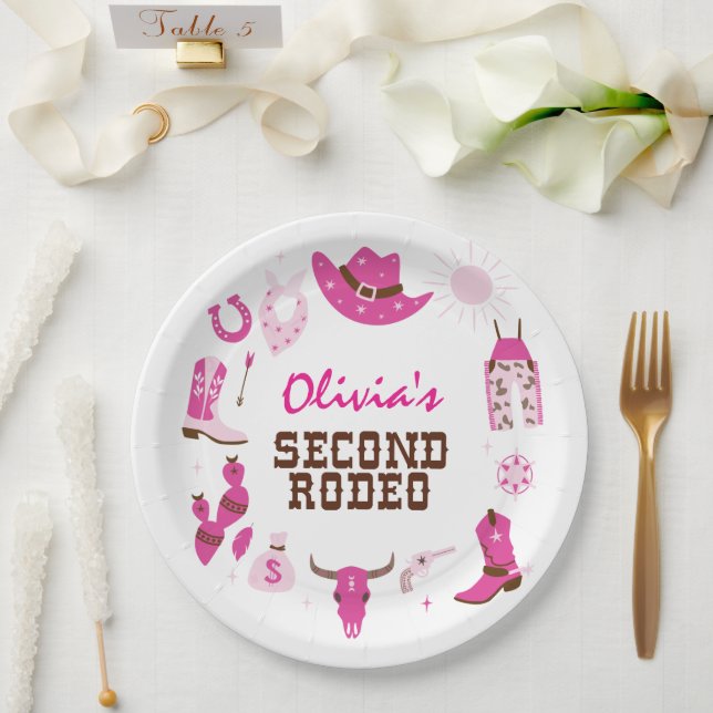 Second Rodeo Pink Western Cowboy 2nd Birthday Paper Plate (Wedding)