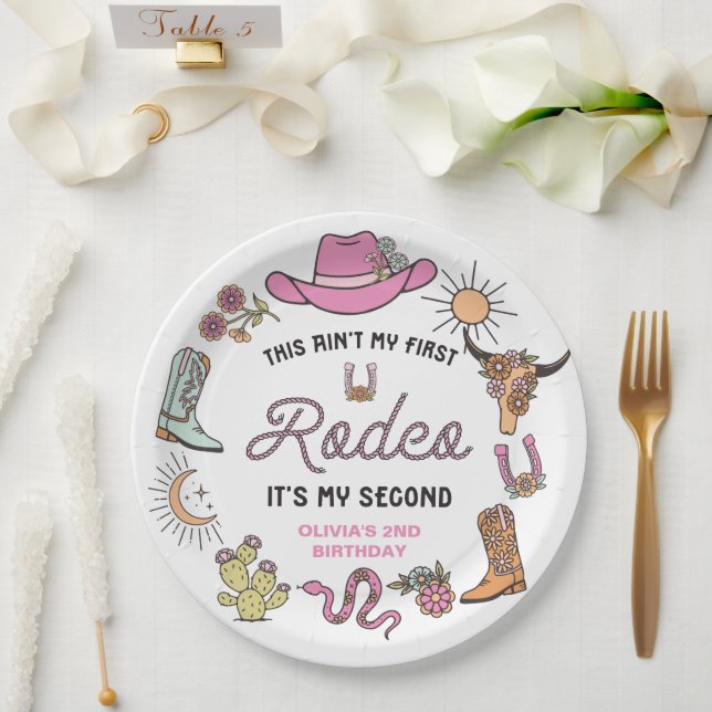 Second Rodeo Pink Western Cowboy 2nd Birthday Paper Plate (Wedding)
