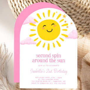 Second Spin Around The Sun Pink 2nd Birthday Invitation