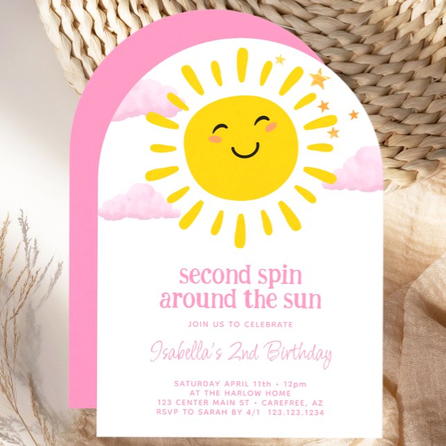 Second Spin Around The Sun Pink 2nd Birthday Invitation (Creator Uploaded)