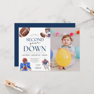 Second year down football theme photo 2nd birthday invitation