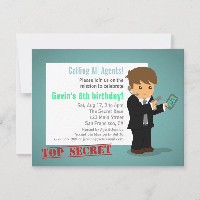 Secret Agent Birthday Party Blue Invitation (Front)
