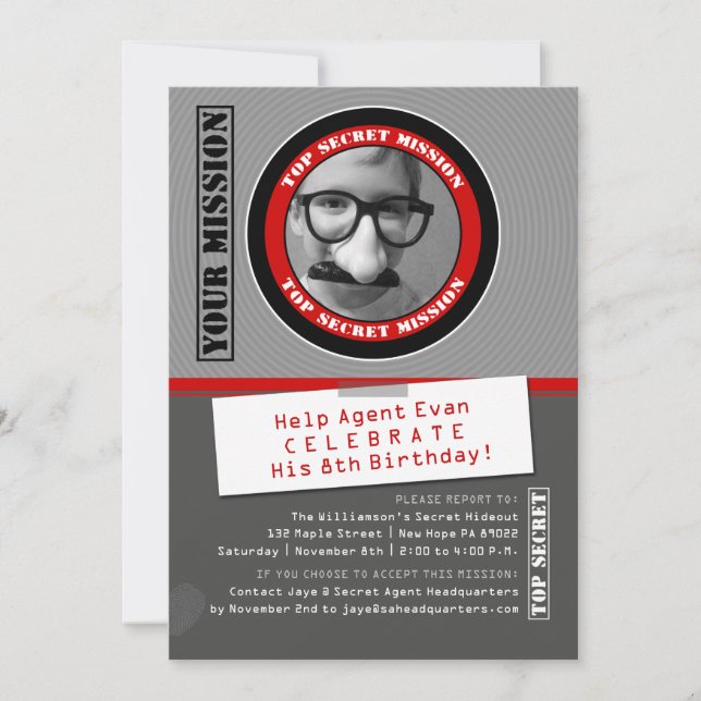 Secret Agent Custom Photo Birthday Invitation (Front)
