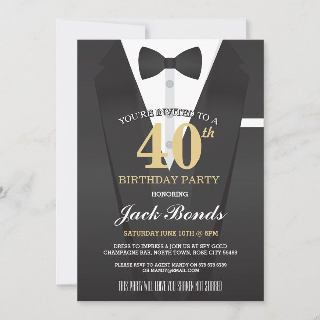 SECRET AGENT DETECTIVE TUXEDO SPY BIRTHDAY PARTY INVITATION (Front)