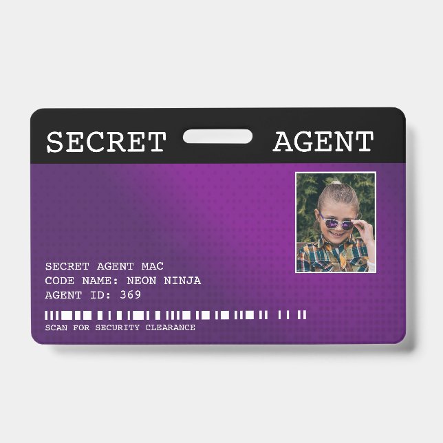 Secret Agent Spy Badge - PURPLE ID Badge (Front)