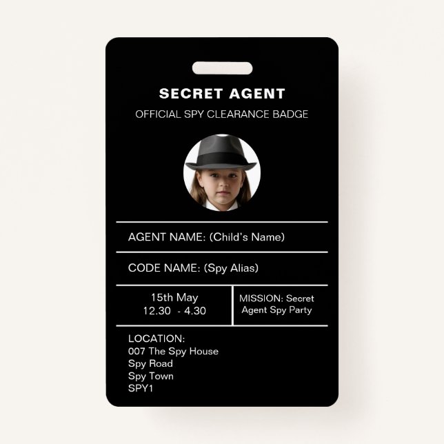 Secret Agent Spy Party identity badge ID Badge (Front)