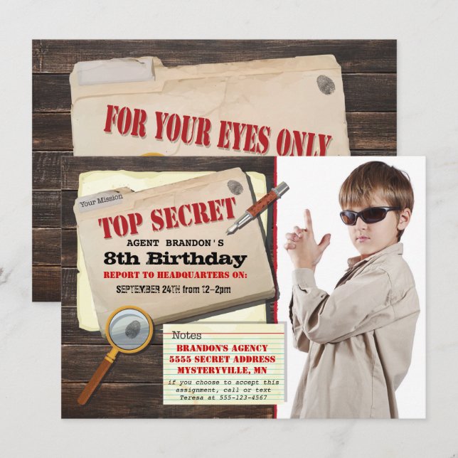 Secret Agent Spy Top Secret Birthday Party Invite (Front/Back)
