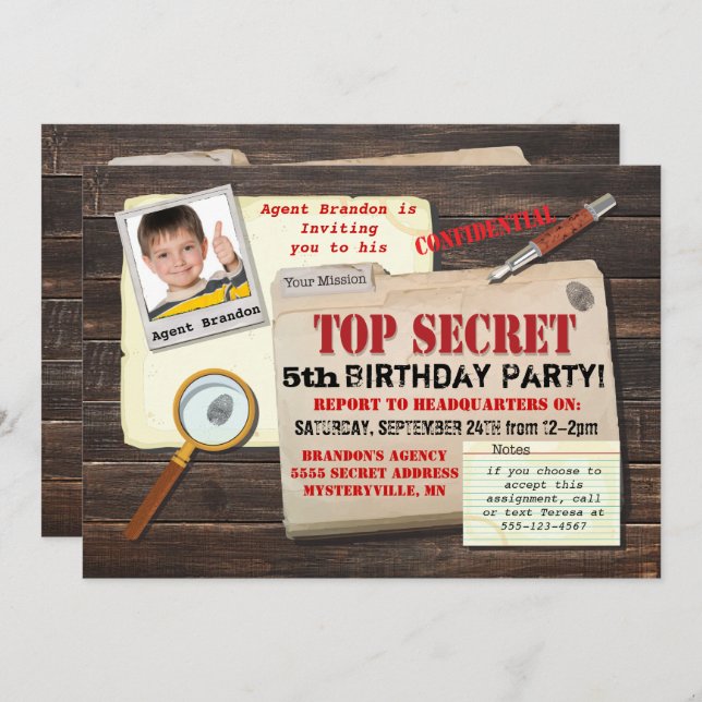 Secret Agent Spy Top Secret Birthday Party Invite (Front/Back)