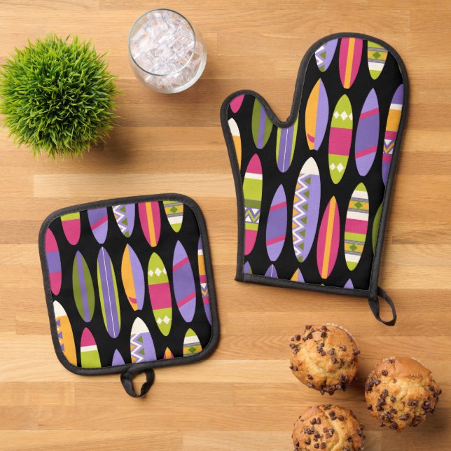Secret Beach Hawaiian Surfboards Multi Black Oven Mitt & Pot Holder Set (Top Down)
