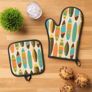 Secret Beach Hawaiian Surfboards Multi Cream Oven Mitt & Pot Holder Set
