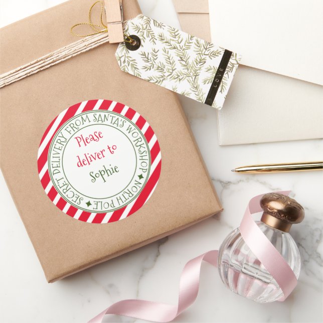 Secret delivery form Santa's stripe Christmas gift Classic Round Sticker (Gifting)