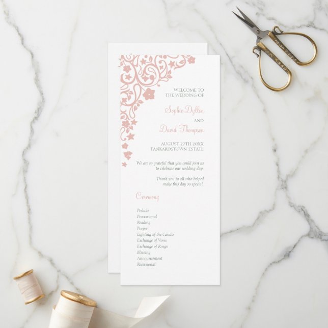 Secret Garden Blush Floral Lovebirds Wedding Programme (Front/Back In Situ)