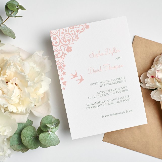 Secret Garden Blush Pink Floral Lovebirds Wedding Invitation (Creator Uploaded)