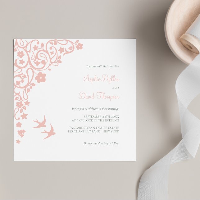 Secret Garden Blush Pink Floral Lovebirds Wedding Invitation (Creator Uploaded)
