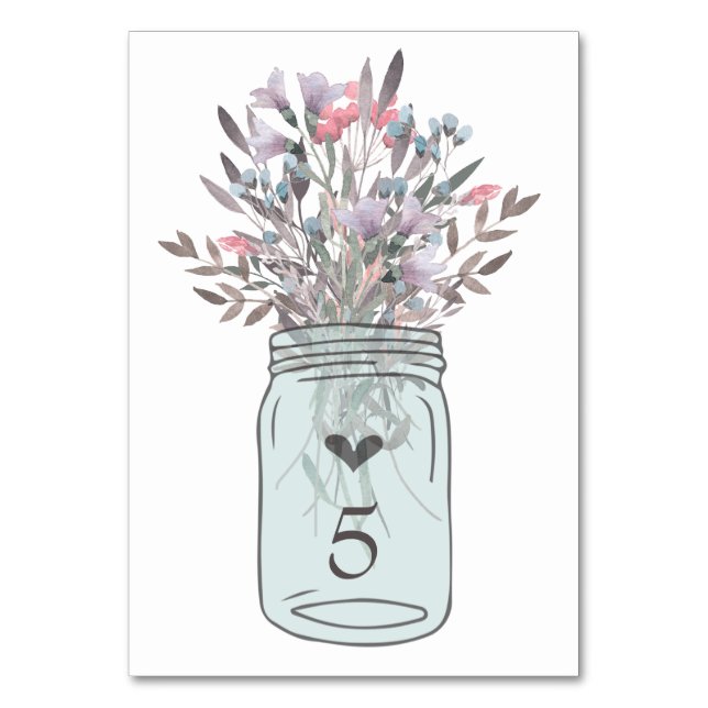 Secret Garden Floral Mason Jar Table Number Cards (Front)