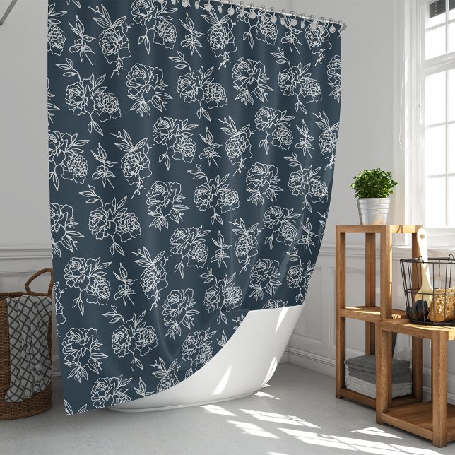 Secret Garden Navy & White Modern Floral Pattern Shower Curtain (Creator Uploaded)