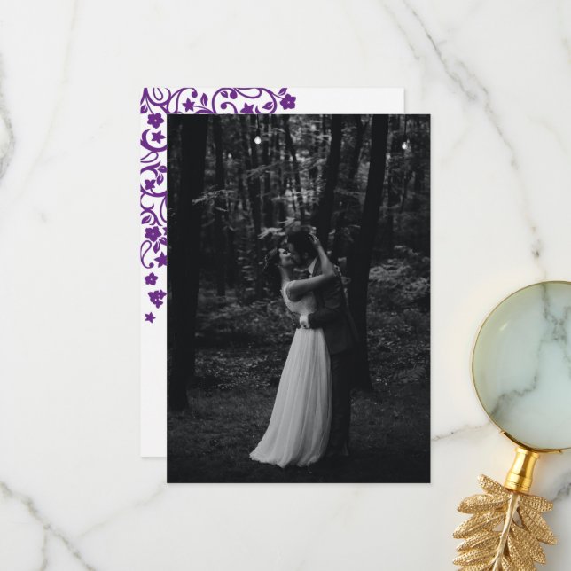 Secret Garden Purple Floral Birds Photo Wedding Thank You Card (Front/Back In Situ)