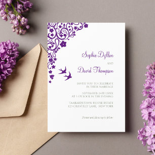 Secret Garden Purple Floral Lovebirds Wedding Invitation