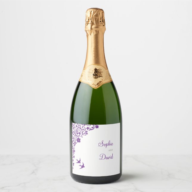 Secret Garden Purple Floral Lovebirds Wedding Sparkling Wine Label (Front)