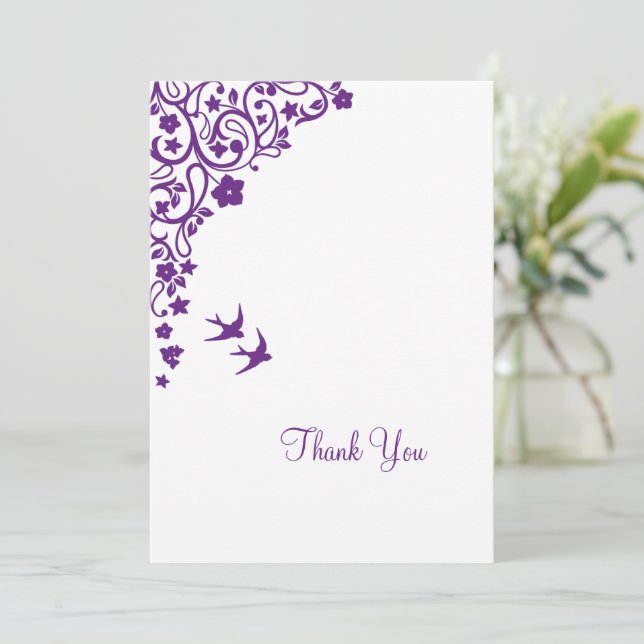 Secret Garden Purple Floral Lovebirds Wedding Thank You Card (Standing Front)