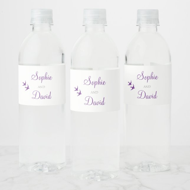 Secret Garden Purple Floral Lovebirds Wedding Water Bottle Label (Bottles)